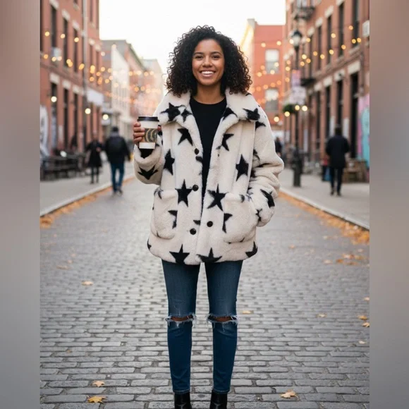 Popsugar Star Patterned Faux Fur Collared Coat XXL EUC - Picture 1 of 11